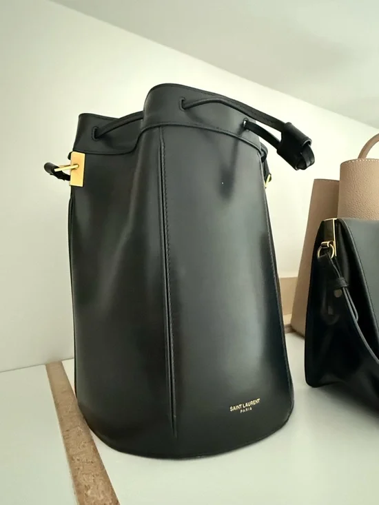 Saint Laurent Black Leather Drawstring Bucket Bag with Gold Hardware - Picture 2 of 2